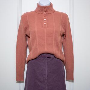 Retro Knitivo Sweater Mockneck Coral Peach Ribbed Button Top Korea | Soft Autumn